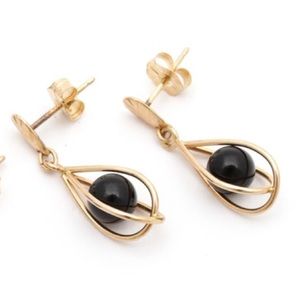 14K Yellow Solid Gold Onyx Bead Earrings